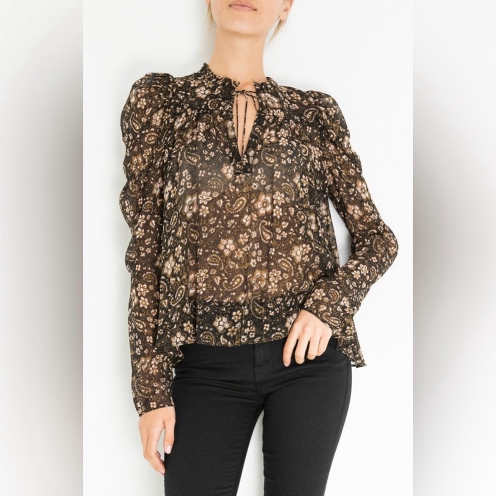 Ulla Johnson renly Puff Sleeve Blouse with Tie Front and Ruffled Details